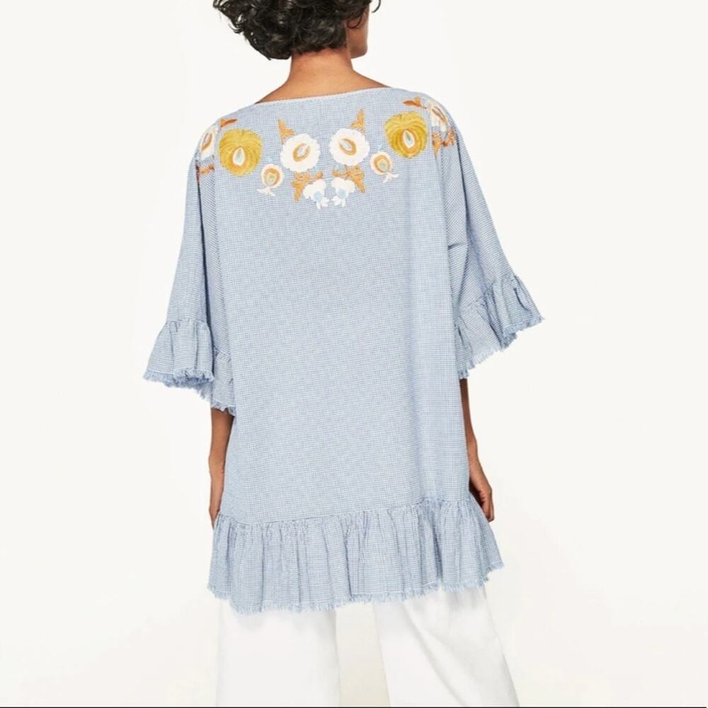 Zara Woman Blue White Gingham Check Floral Embroidered Tunic Top SZ Medium - Picture 11 of 11